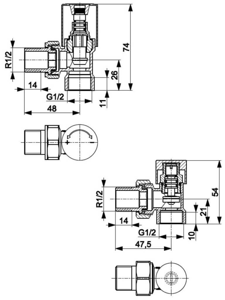 KFA Sada priamych ventilov na radiátor KOMFORT PRO, 758-030-44-BL, rozmery